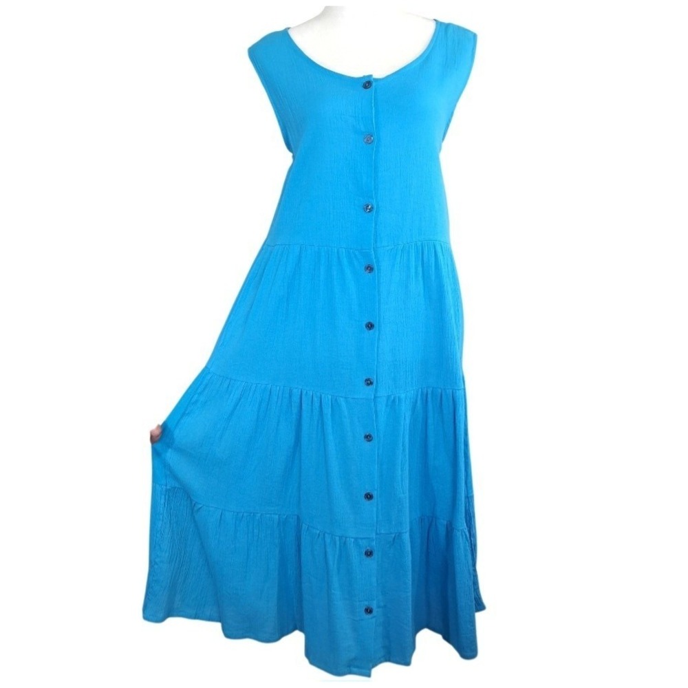 CW Classics Midi Dress Size L Blue Tiered Button Front Cotton Sleeveless Summer